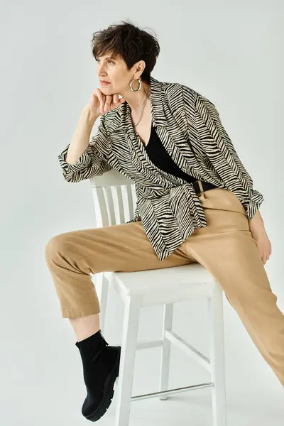 A middle-aged woman with short hair and stylish attire sitting gracefully on top of a white chair in a studio setting. — Stock Photo