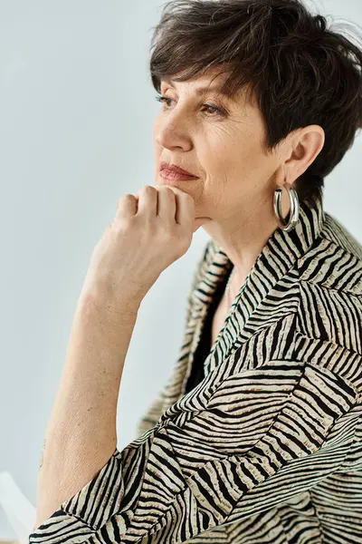 Middle-aged woman with short hair exudes confidence in black and white shirt, posing in a studio setting. — Stock Photo