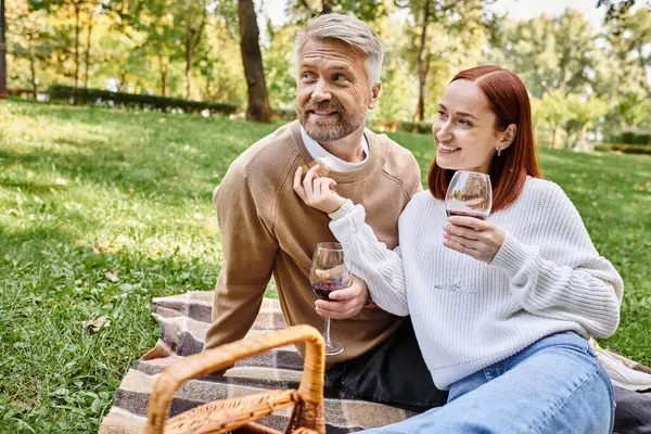 Una pareja disfruta del vino en una manta en el parque. - foto de stock
