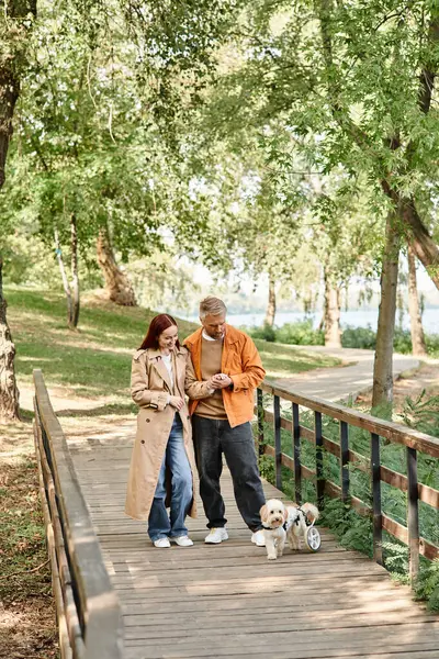 Couple walking dog on peaceful bridge in park. — Stock Photo