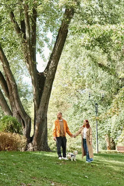 A couple takes a leisurely walk with their dog in a lush park. — Stock Photo