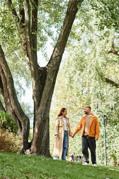 A man and a woman in casual attire holding hands under a large tree in a park. — Stock Photo
