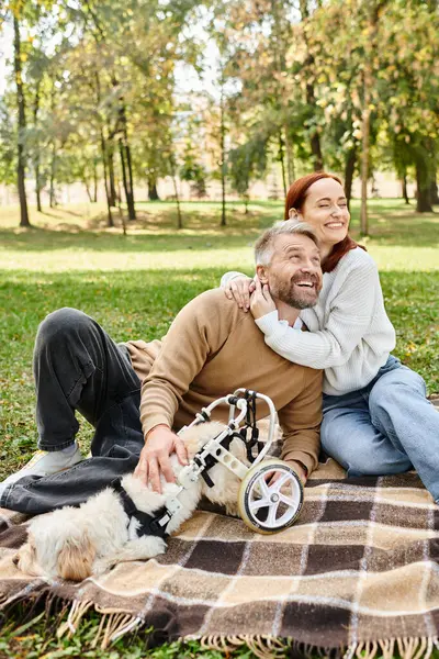 Un couple amoureux se détend sur une couverture avec leur compagnon à fourrure dans un cadre paisible du parc. — Photo de stock