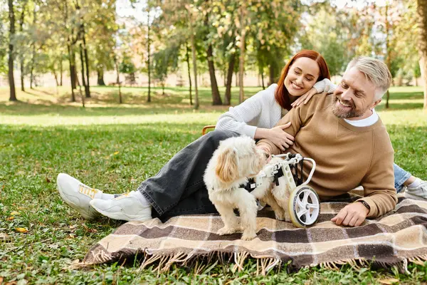 Un hombre y una mujer se relajan en una manta con su perro en un entorno tranquilo al aire libre. - foto de stock