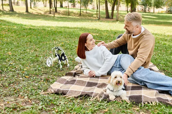 A man and woman relax on a blanket with their dog in a park setting. — Stock Photo