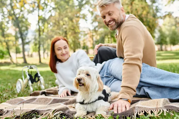 An adult loving couple sits on a blanket with their dog in a beautiful park setting. — Stock Photo