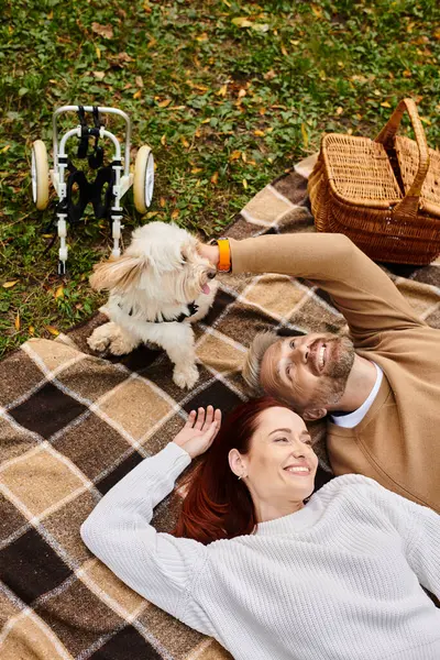 A man and woman relax on a blanket with their dog in a park. — Stock Photo