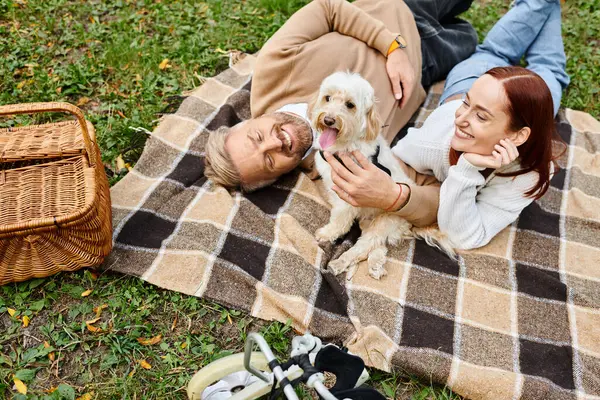Una pareja se relaja en una manta con su perro en un hermoso entorno de parque. - foto de stock