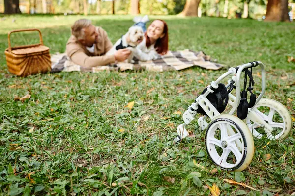 A man and woman lay in the grass with a stroller in a peaceful park setting. — Stock Photo