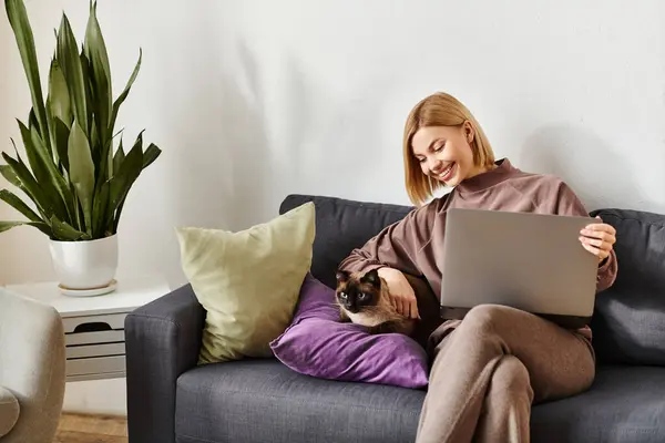 Una donna con i capelli corti si rilassa su un divano con il suo gatto al suo fianco, lavorando su un computer portatile in un ambiente accogliente casa. — Foto stock