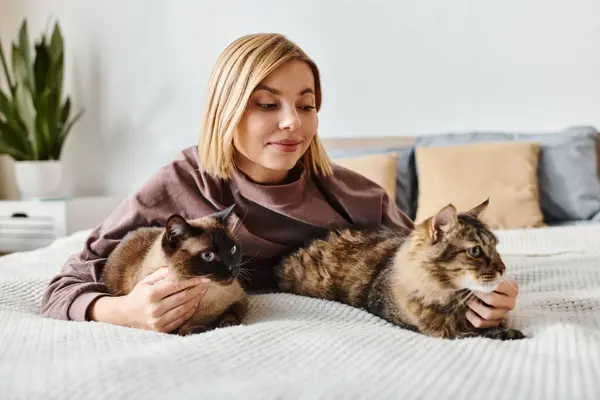 Una mujer con el pelo corto tranquilamente se relaja en una cama junto a dos gatos contenidos en un ambiente acogedor en casa. - foto de stock