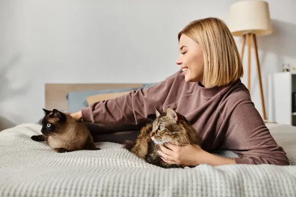 Una donna serena dai capelli corti che si rilassa su un letto con due adorabili gatti al suo fianco. — Foto stock