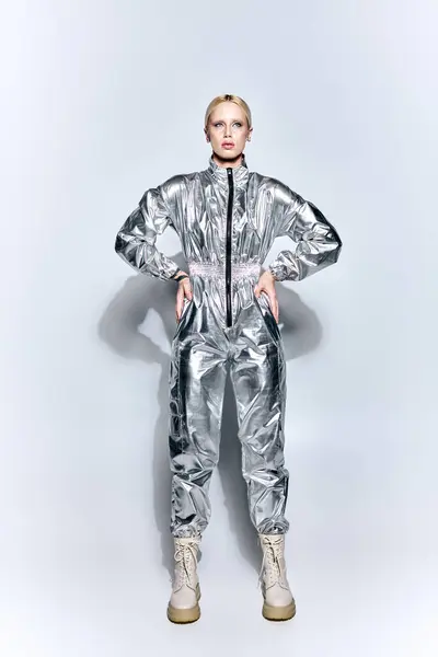 Appealing woman in silver futuristic attire posing in motion on gray backdrop and looking away — Stock Photo