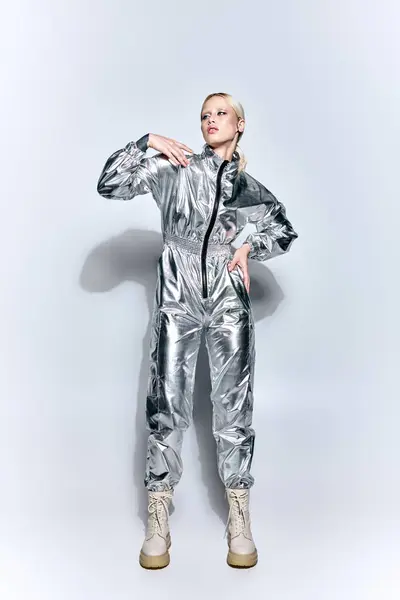 Attrayant femme en argent tenue futuriste posant en mouvement sur fond gris et détournant les yeux — Photo de stock