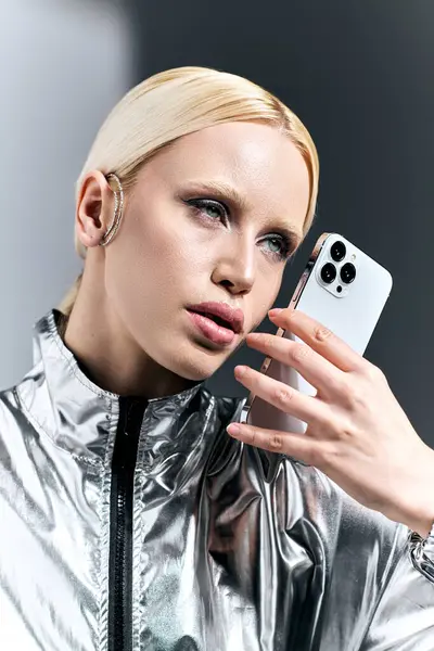 Appealing woman in futuristic silver outfit posing with phone and looking away on gray backdrop — Stock Photo