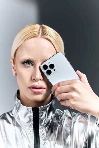Attractive extravagant woman in futuristic silver attire posing with phone and looking at camera — Stock Photo