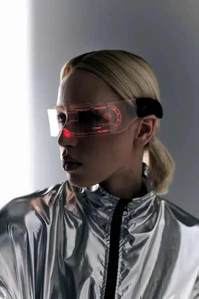 Mulher atraente com óculos futuristas em trajes de prata robótica olhando para longe no fundo cinza — Fotografia de Stock