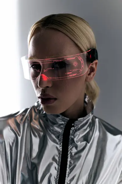 Экстраординарная женщина с фантастическими очками в роботизированной серебряной одежде смотрит в камеру на заднем плане — стоковое фото