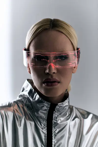 Extravagant woman with sci fi glasses in robotic silver clothing looking at camera on gray backdrop — Stock Photo