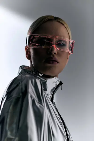 Mujer extravagante con gafas de ciencia ficción en ropa robótica plateada mirando a la cámara en el fondo gris - foto de stock