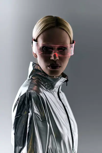 Екстравагантна жінка з науковими окулярами в роботизованому срібному одязі, дивлячись на камеру на сірому фоні — стокове фото