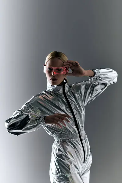 Peculiar woman with sci fi glasses in futuristic attire doing robotic motions and looking at camera — Stock Photo
