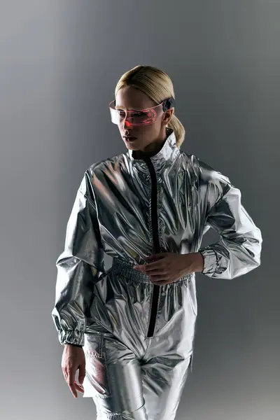 Mulher peculiar com óculos futuristas em traje de prata fazendo movimentos robóticos e olhando para longe — Fotografia de Stock