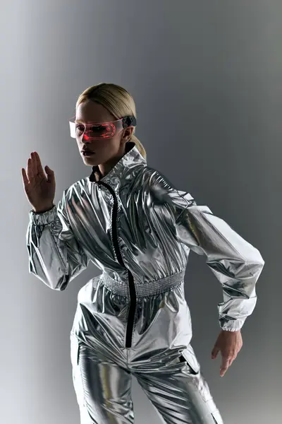 Extraordinaria mujer con gafas futuristas en traje plateado haciendo movimientos robóticos y mirando hacia otro lado - foto de stock
