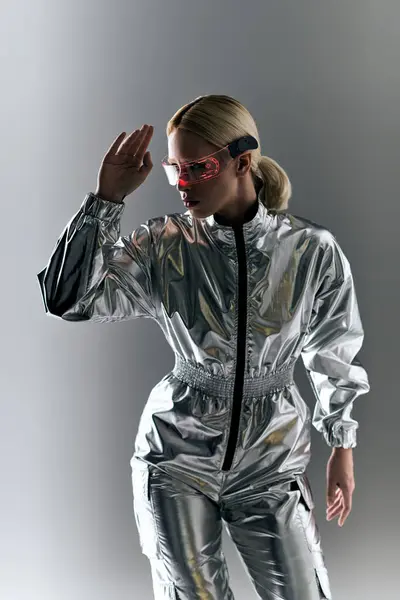 Extraordinaria mujer con gafas futuristas en traje plateado haciendo movimientos robóticos y mirando hacia otro lado - foto de stock