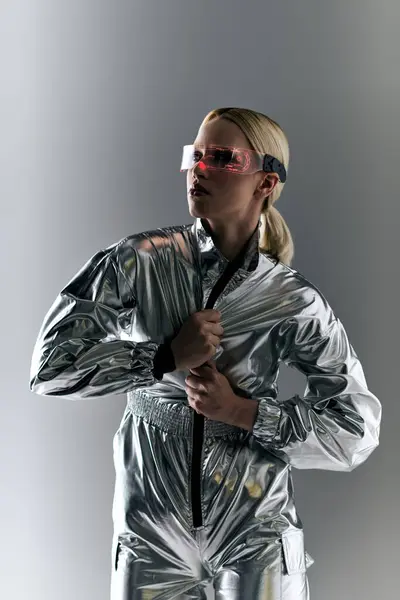 Mulher extravagante com óculos futuristas em traje de prata fazendo movimentos robóticos e olhando para longe — Fotografia de Stock
