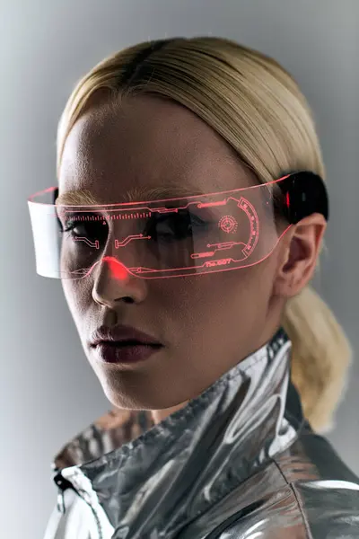 Mulher loira atraente com óculos futuristas em roupa de prata olhando para a câmera no fundo cinza — Fotografia de Stock