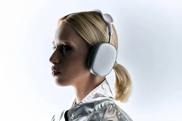 Atractivo modelo femenino de ciencia ficción con auriculares con traje robótico plateado y disfrutando de la música - foto de stock