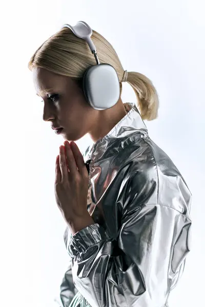 Appealing peculiar female model with headphones wearing silver robotic attire and enjoying music — Stock Photo