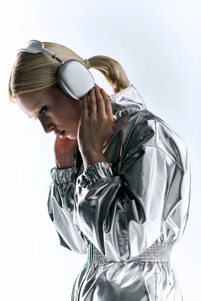 Appealing peculiar female model with headphones wearing silver robotic attire and enjoying music — Stock Photo