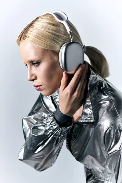 Straordinaria donna di bell'aspetto con cuffie in futuristico abbigliamento argento godendo di musica — Foto stock