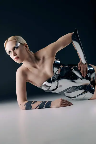 Extraordinaria mujer en traje futurista plateado tumbado en el suelo mirando hacia otro lado en el fondo negro - foto de stock