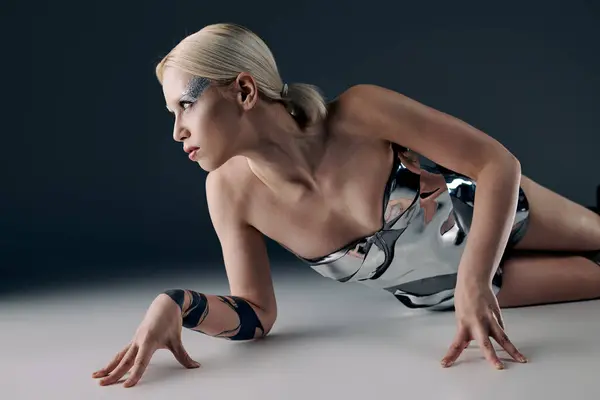 Mujer extravagante en traje futurista plateado tumbado en el suelo mirando hacia otro lado en el fondo negro - foto de stock