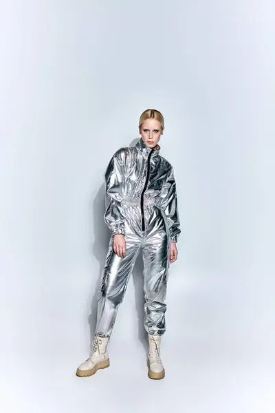 Attrayant bizarre femme en costume d'argent futuriste posant sur fond gris et regardant la caméra — Photo de stock
