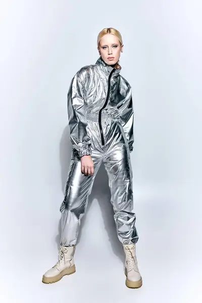 Attractive bizarre woman in futuristic silver attire posing on gray backdrop and looking at camera — Stock Photo