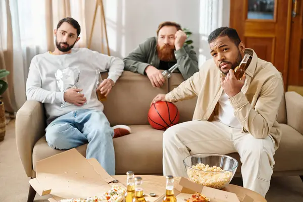Трио красивых мужчин с разным происхождением делятся смехом и связью на уютном диване в стильной гостиной. — стоковое фото