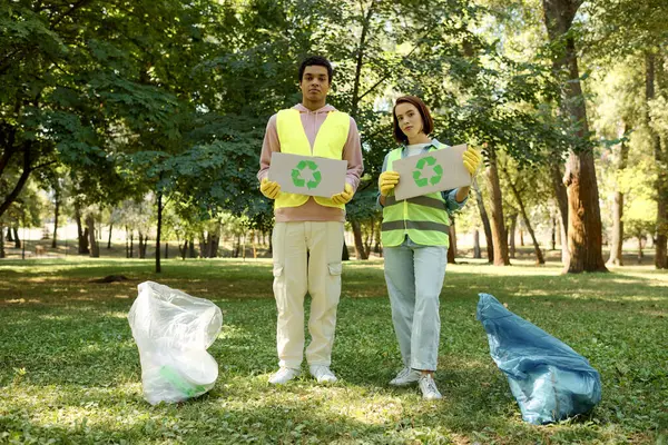 Una coppia eterogenea in giubbotti di sicurezza e guanti stanno nell'erba, pulendo insieme il parco, incarnando amore e responsabilità ambientale.. — Foto stock