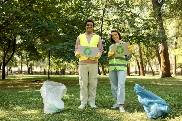 Ein bunt gemischtes Paar in Warnwesten und Handschuhen hält in einem Park Schilder hoch, die für Umweltbewusstsein und Gemeinschaftsaktionen werben. — Stockfoto