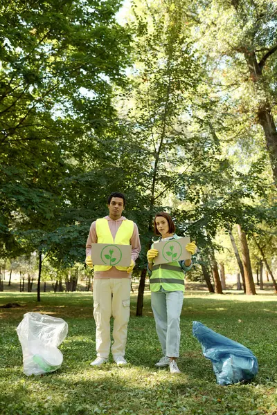 Un hombre afroamericano y una mujer sostienen pancartas, limpiando un parque. Vestida con chalecos y guantes de seguridad, la diversa pareja es socialmente activa y cariñosa. - foto de stock