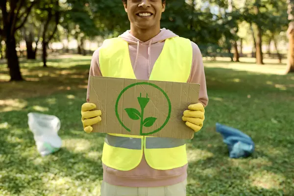 African american man wearing a bright yellow vest holds a cardboard sign in his hands. — Stock Photo