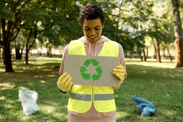 African american man in a vibrant yellow jacket holds a cardboard recycler, actively participating in sustainability efforts in a park. — Stock Photo
