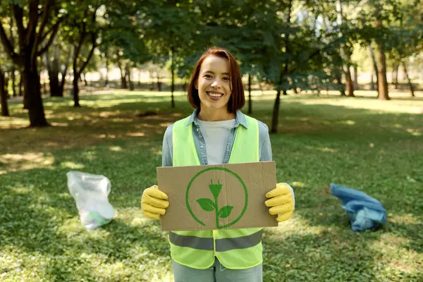 Una mujer en un chaleco verde sostiene un signo de cartón, su expresión refleja una petición de ayuda o conciencia. - foto de stock