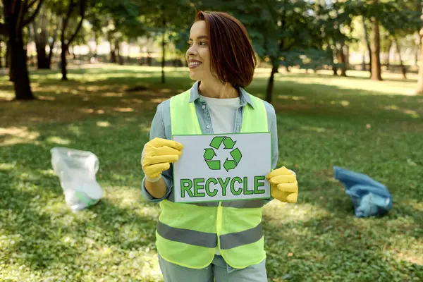 Mulher vestindo colete de segurança detém sinal de reciclagem, promovendo a sustentabilidade, ação eco-friendly. — Fotografia de Stock