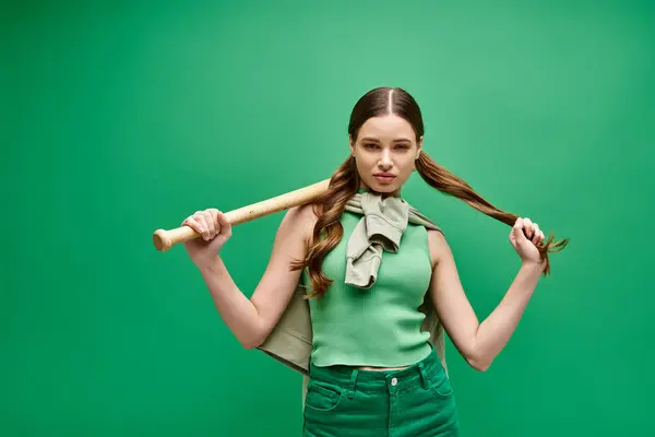 Una giovane donna sulla ventina tiene fiduciosa una mazza da baseball sopra le spalle in un ambiente da studio con sfondo verde. — Foto stock