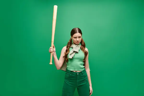 A young woman in her 20s confidently holds a baseball bat against a vibrant green background. — Stock Photo