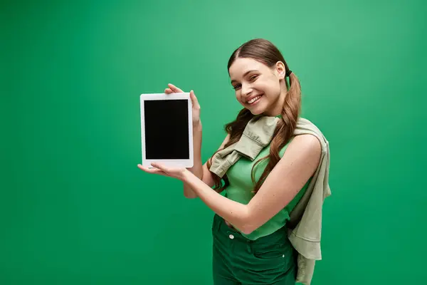 Eine junge Frau in ihren Zwanzigern, die ein Tablet in der Hand hält, beschäftigt sich mit der digitalen Welt. — Stockfoto
